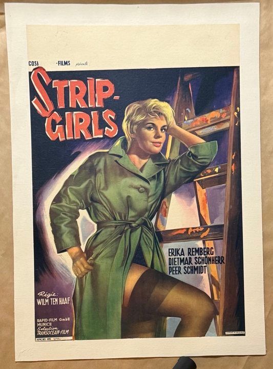Vintage movie poster for 'Strip Girls' featuring a woman in a green coat.