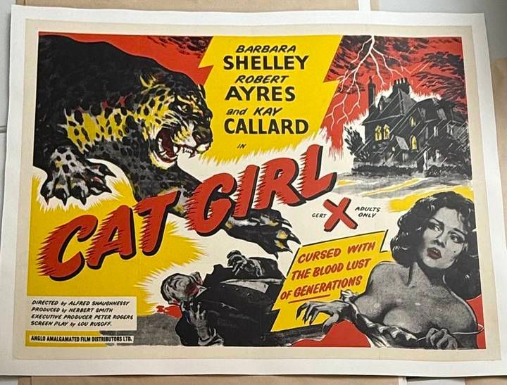 Vintage movie poster for 'Cat Girl X' with a panther and woman, featuring text about the film.