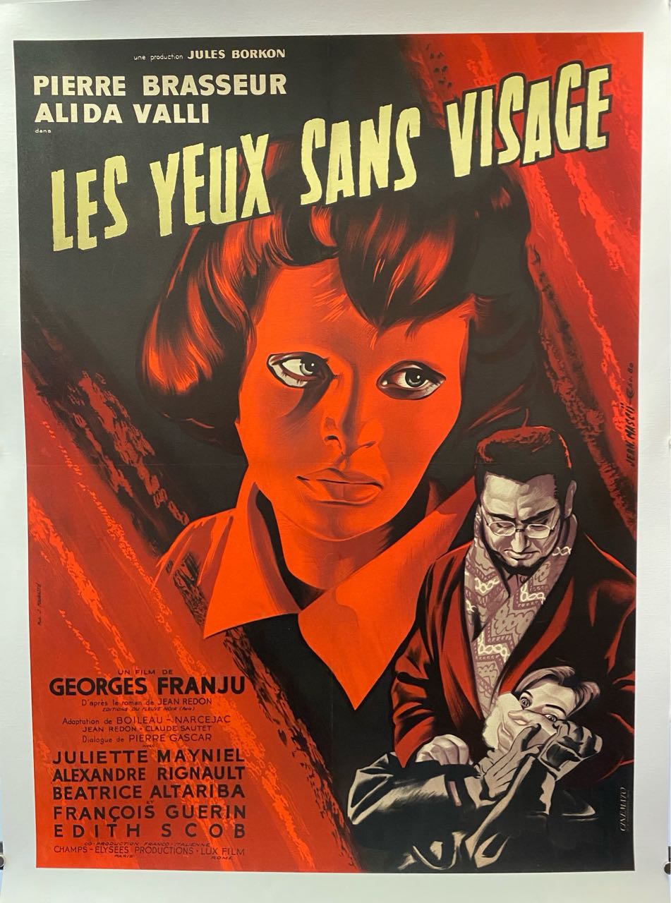 Vintage movie poster for 'Les Yeux Sans Visage' featuring a woman with red face and a man in the background.