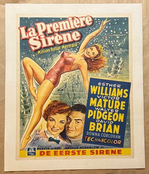 Vintage movie poster for 'La Premiere Sirene' featuring a mermaid and three human faces.