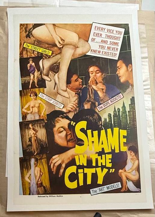 Vintage poster for 'Shame in the City' with graphic content.