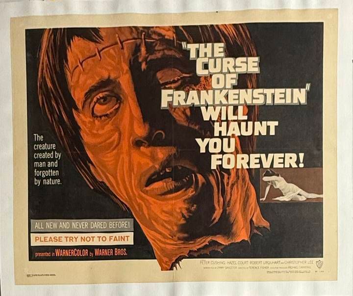 Vintage movie poster for 'The Curse of Frankenstein' with a creature and text on a dark background.