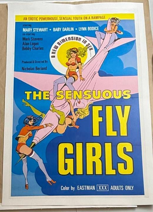 Vintage-style poster for 'The Sensuous Fly Girls' with colorful graphics and text.