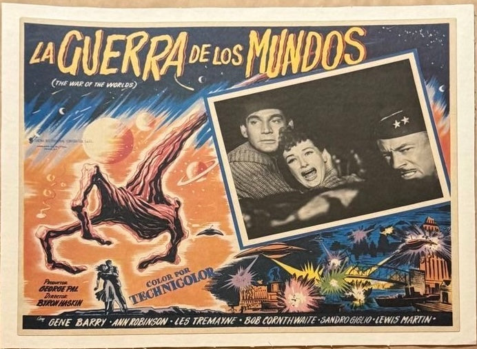 Vintage movie poster for 'La Guerra de los Mundos' with space-themed artwork and characters.