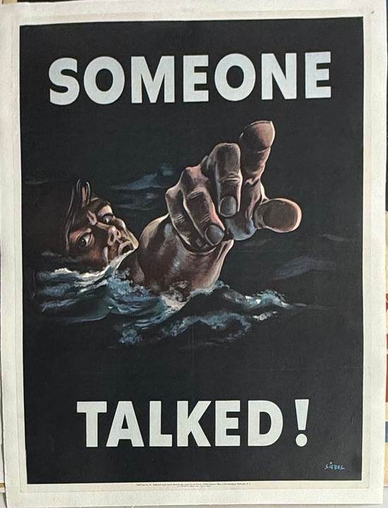 Someone Talked! (1942) U.S. WWII Propaganda Linen Backed Poster – Illustrated by Bernard Siebel, Loose Lips Sink Ships campaign
